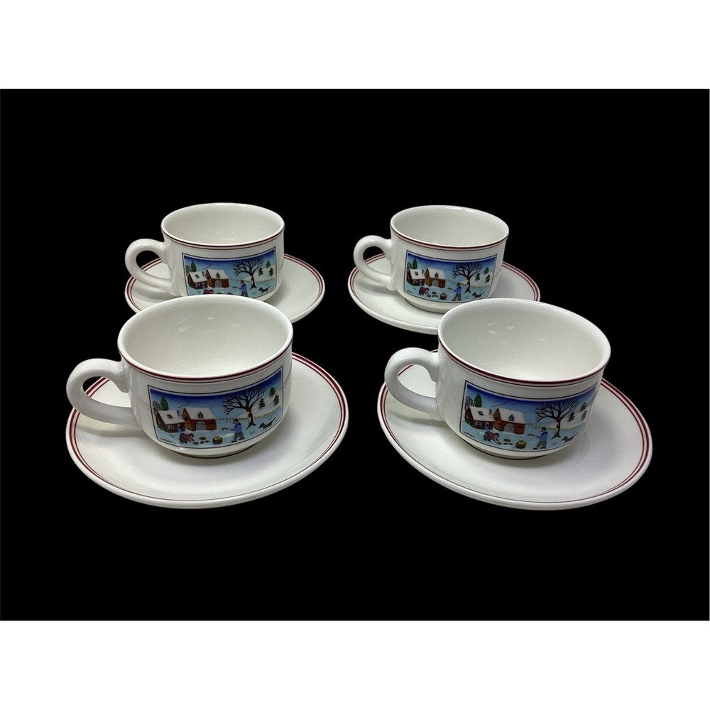 Vtg  Villeroy & Boch Naif Christmas (4)  Cup and Saucer Sets  Porcelain *Sm Flaw